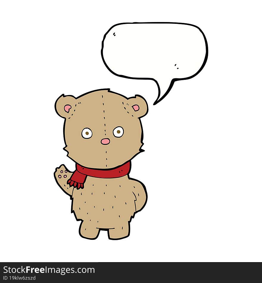 cartoon teddy bear wearing scarf with speech bubble