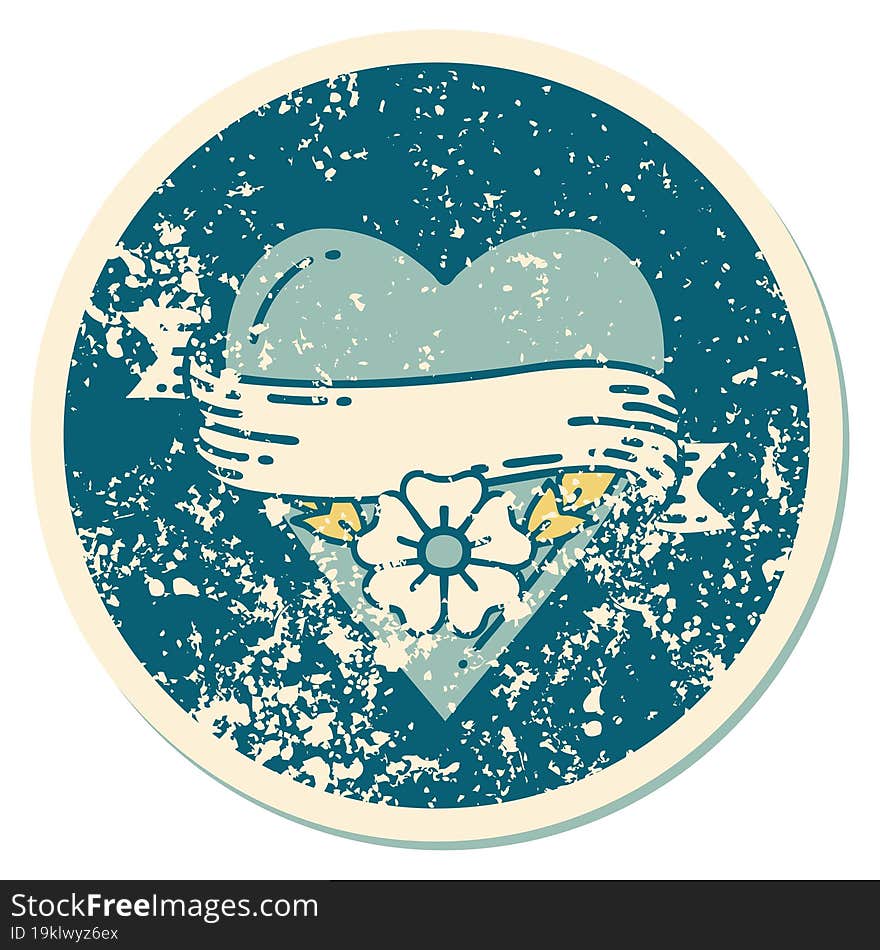 distressed sticker tattoo style icon of a heart flower and banner