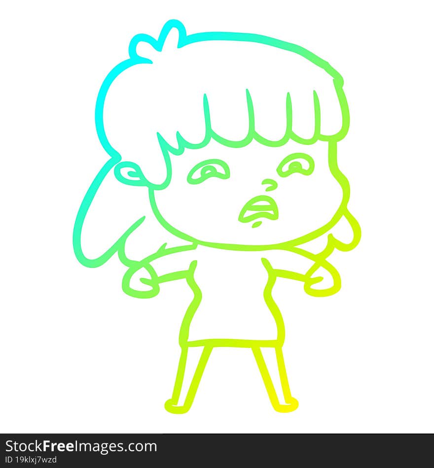 cold gradient line drawing cartoon worried woman