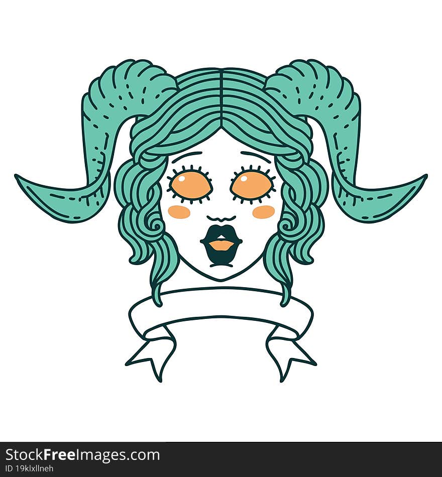 Retro Tattoo Style tiefling character face with scroll banner. Retro Tattoo Style tiefling character face with scroll banner