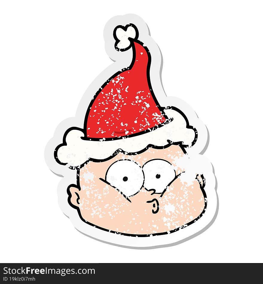 distressed sticker cartoon of a curious bald man wearing santa hat