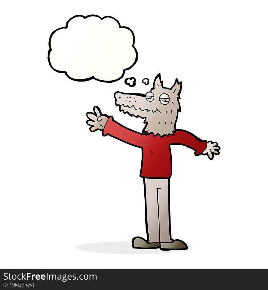 cartoon waving wolf with thought bubble