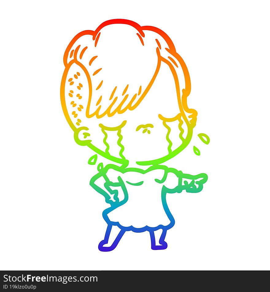 rainbow gradient line drawing of a cartoon crying girl