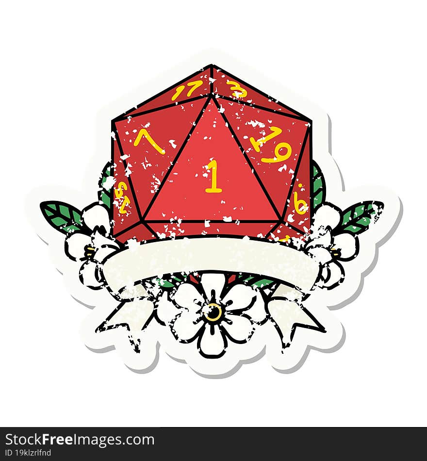 natural one d20 dice roll grunge sticker