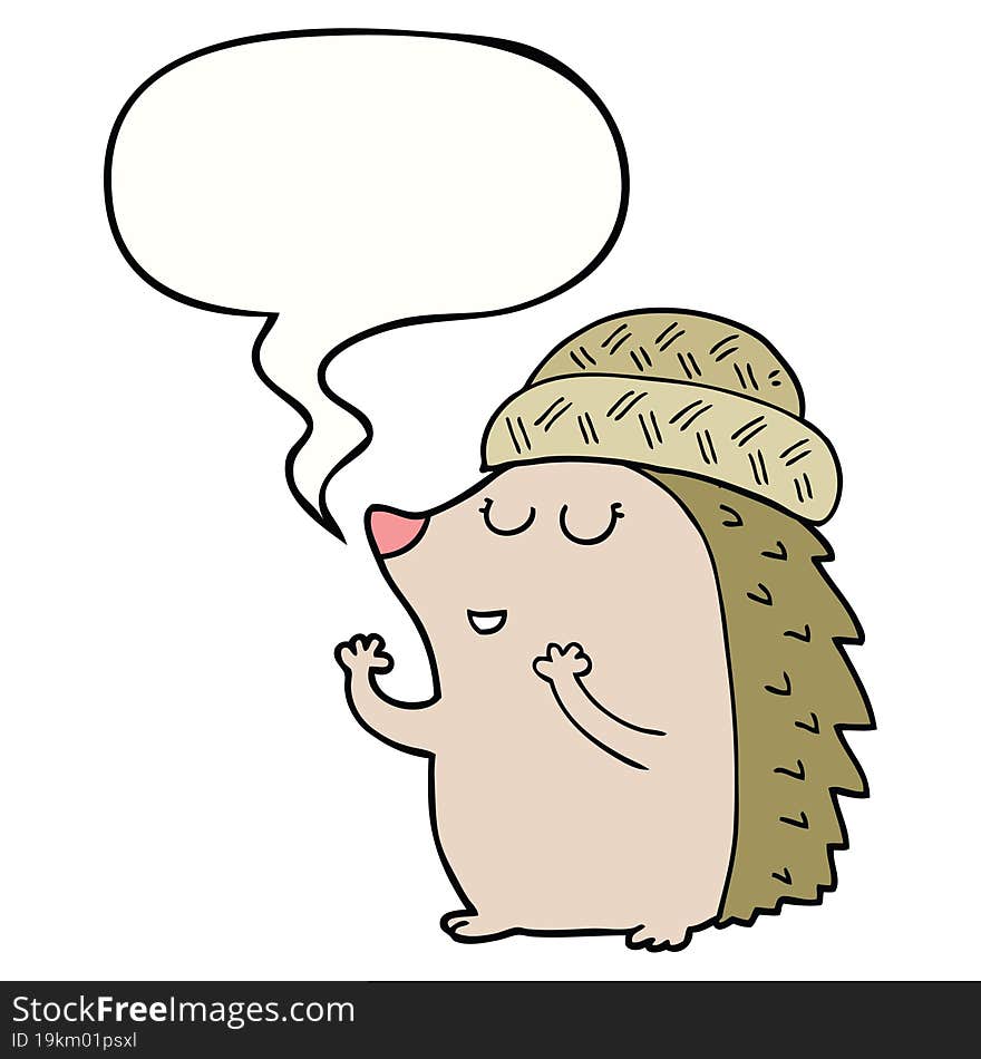 cartoon hedgehog wearing hat and speech bubble