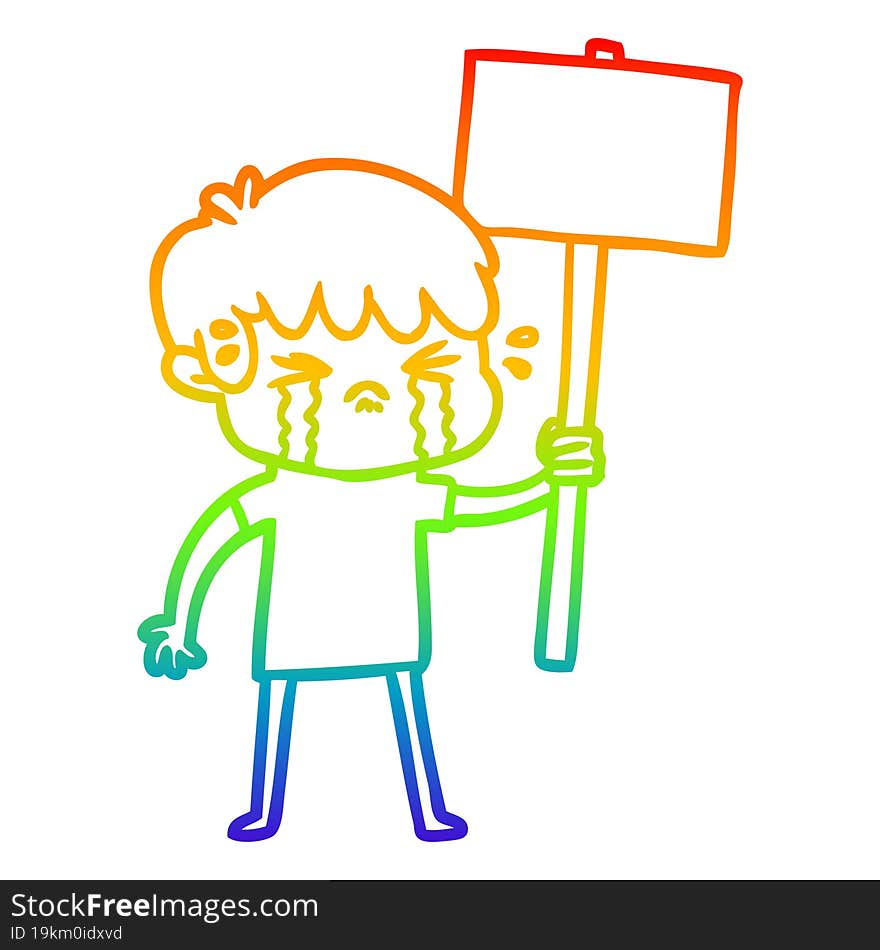 Rainbow Gradient Line Drawing Cartoon Boy Crying