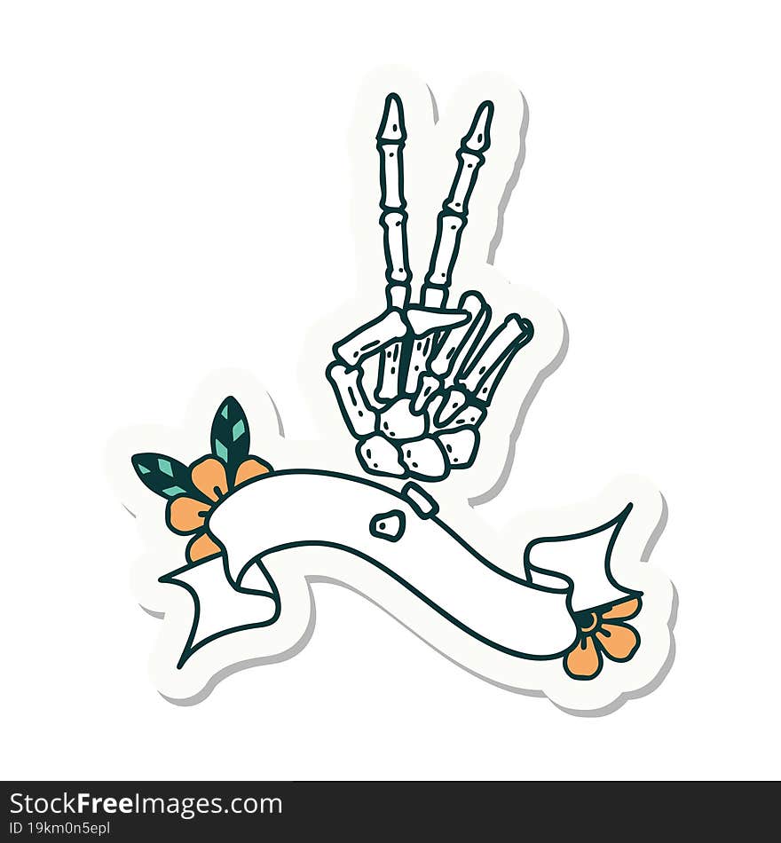 tattoo style sticker with banner of a skeleton giving a peace sign. tattoo style sticker with banner of a skeleton giving a peace sign