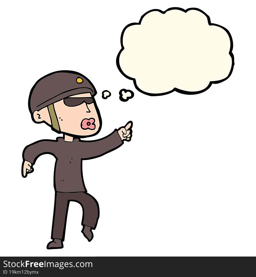 Cartoon Man In Bike Helmet Pointing With Thought Bubble