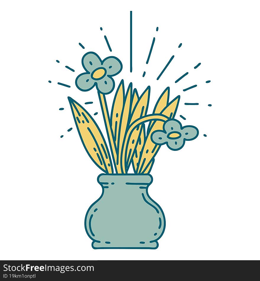 illustration of a traditional tattoo style flowers in vase