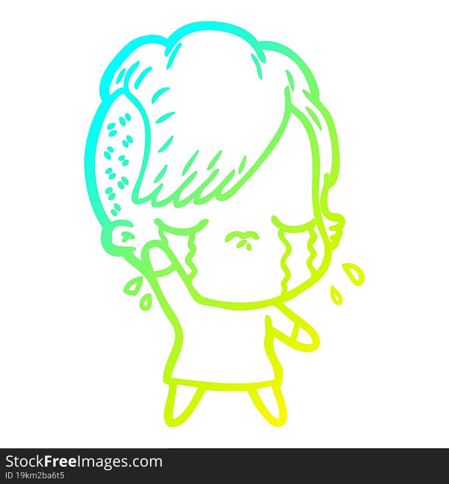 cold gradient line drawing cartoon crying girl waving