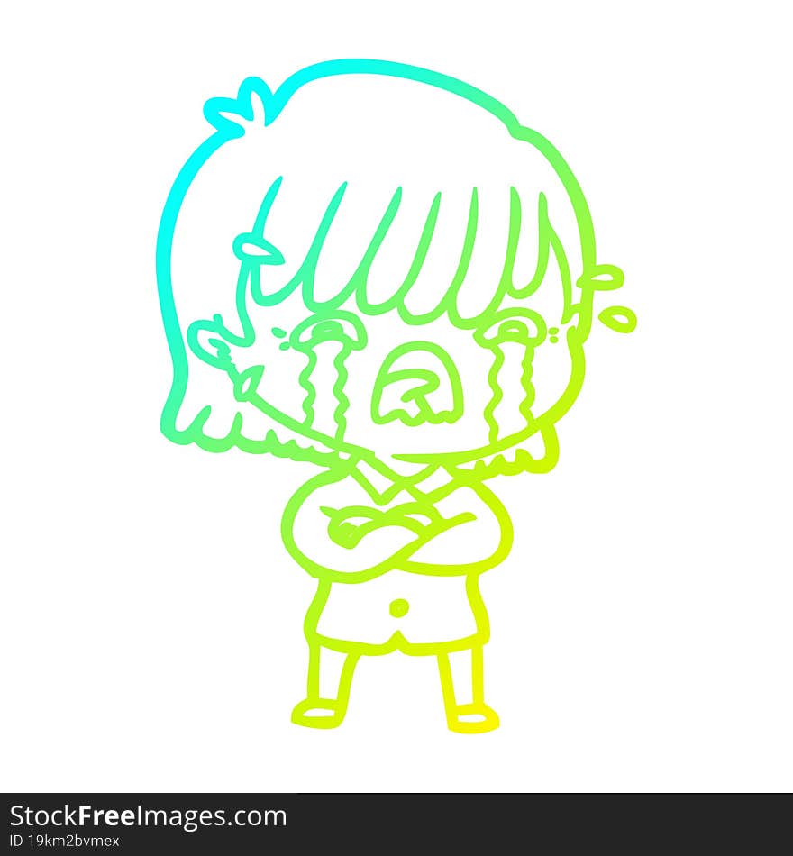 cold gradient line drawing cartoon girl crying