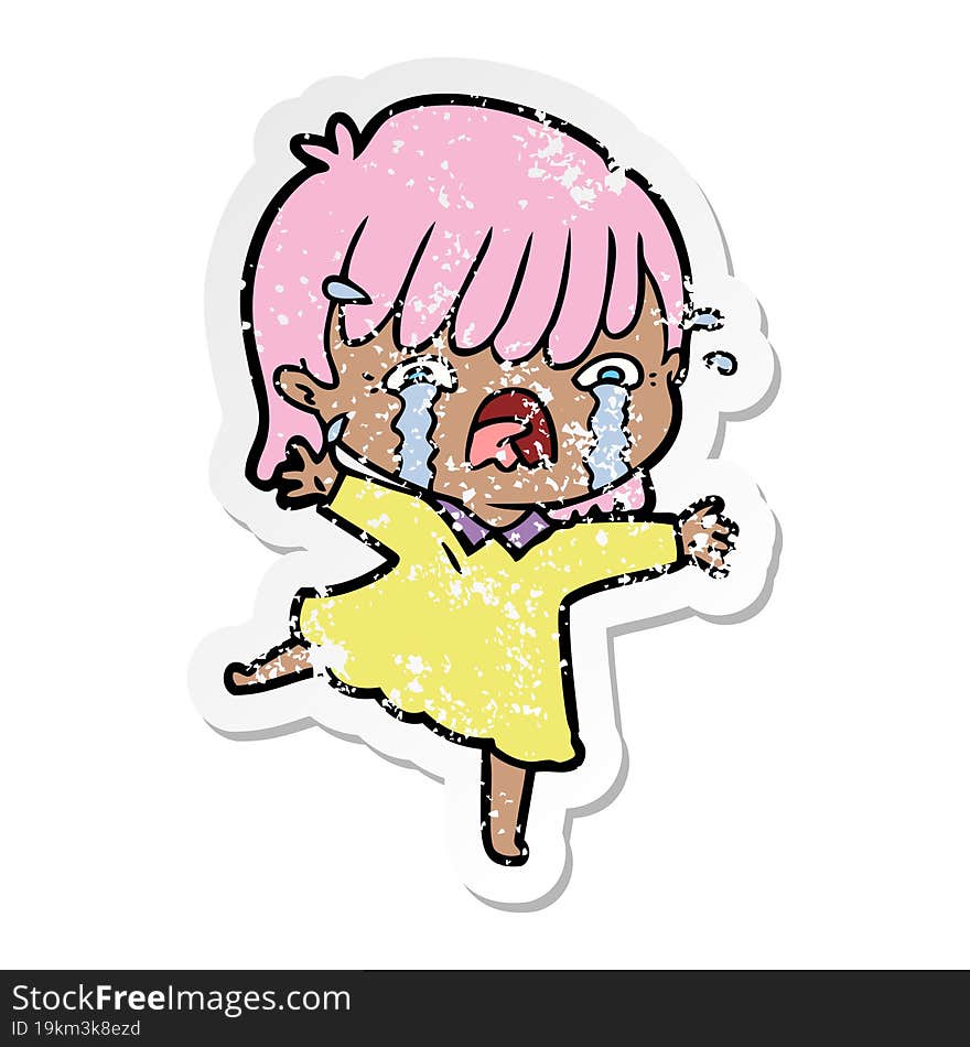 distressed sticker of a cartoon girl crying