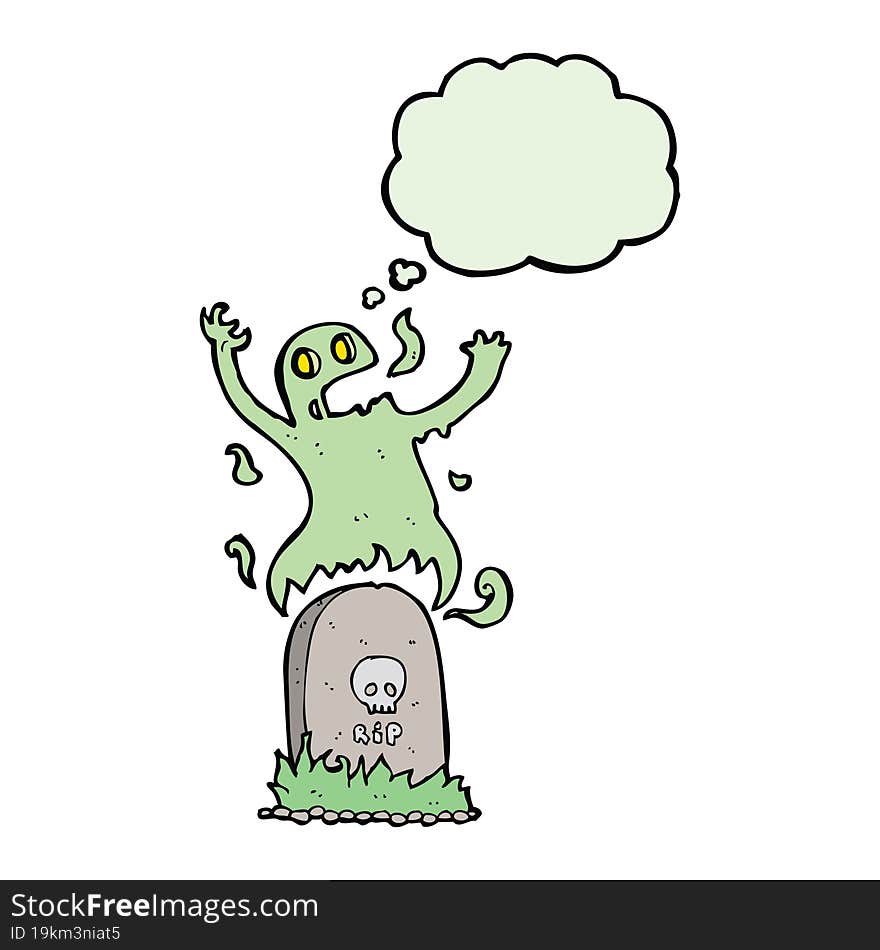 cartoon ghost rising from grave with thought bubble