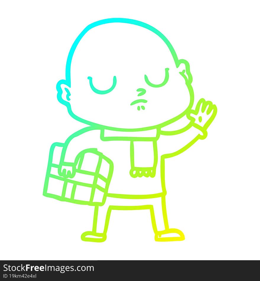 cold gradient line drawing of a cartoon bald man with xmas gift