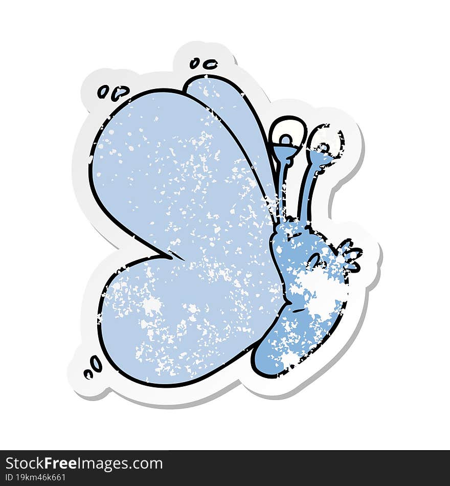 distressed sticker of a funny cartoon butterfly