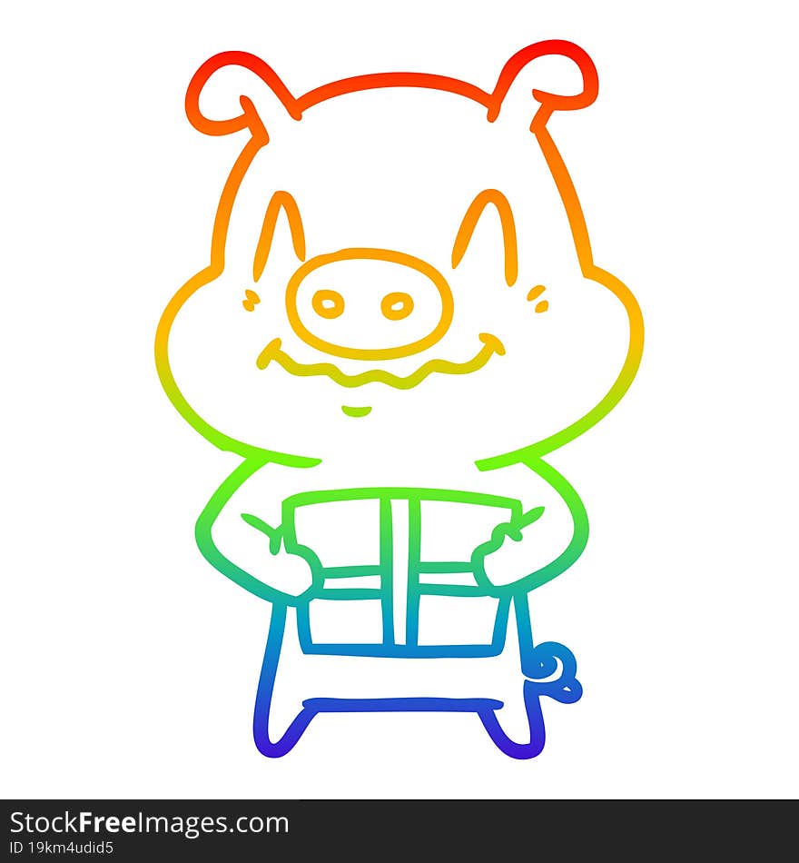 rainbow gradient line drawing nervous cartoon pig with present