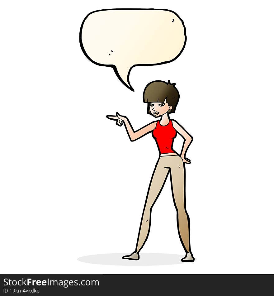 cartoon woman pointing with speech bubble