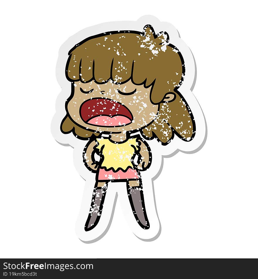 distressed sticker of a cartoon woman talking loudly