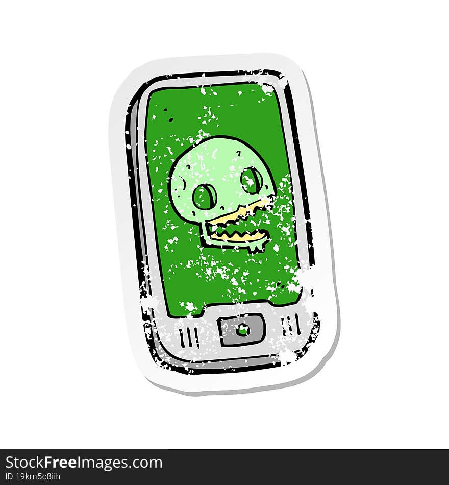 Retro Distressed Sticker Of A Cartoon Virus On Mobile Phone