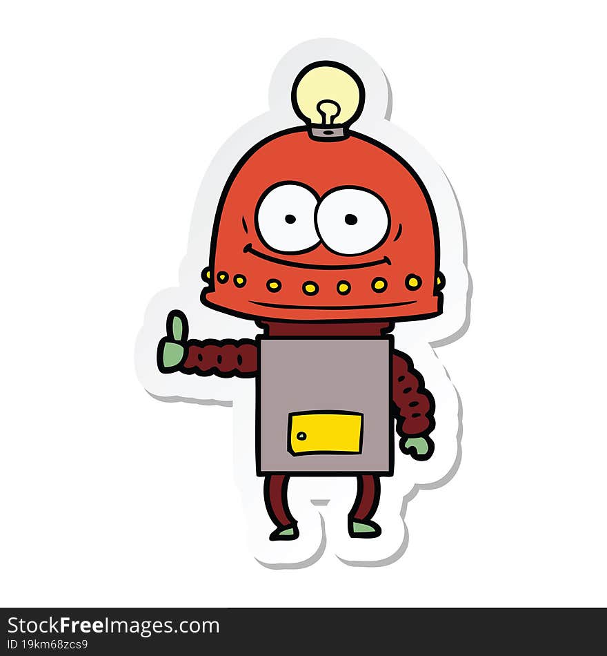 sticker of a happy carton robot with light bulb