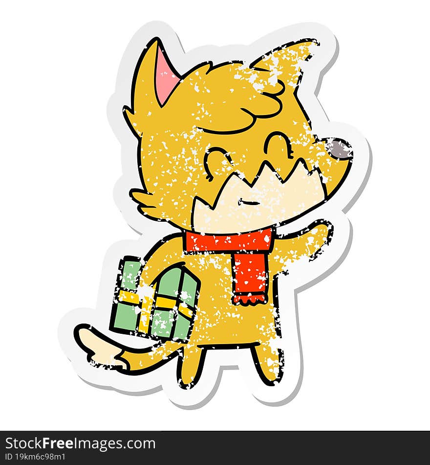 distressed sticker of a cartoon friendly christmas fox