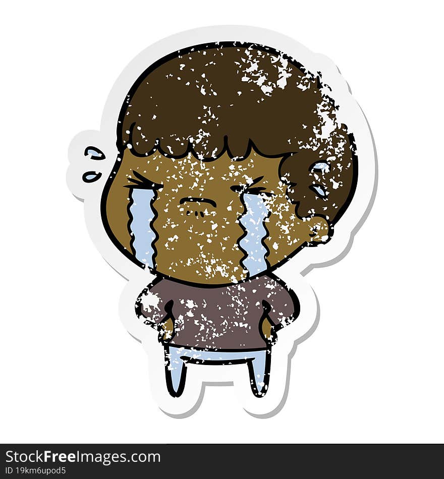 distressed sticker of a cartoon man crying