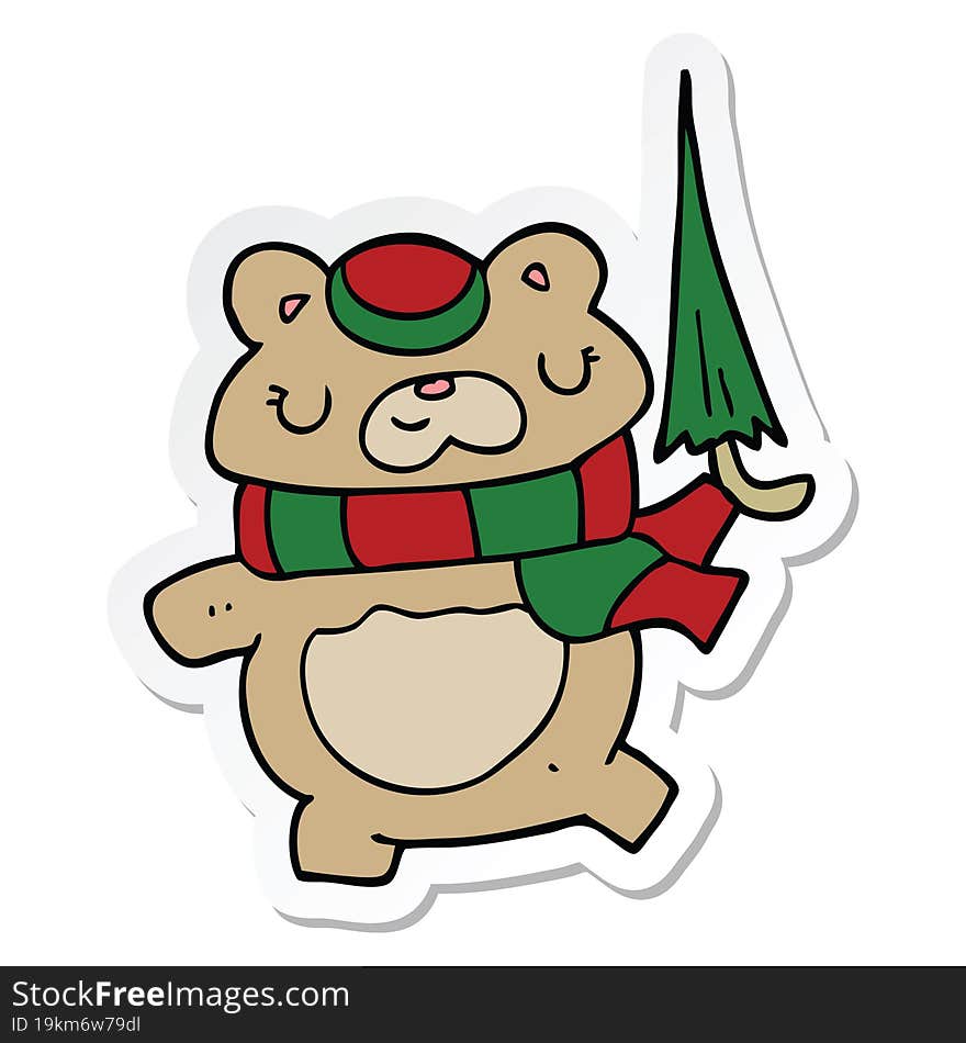 Sticker Of A Cartoon Bear With Umbrella