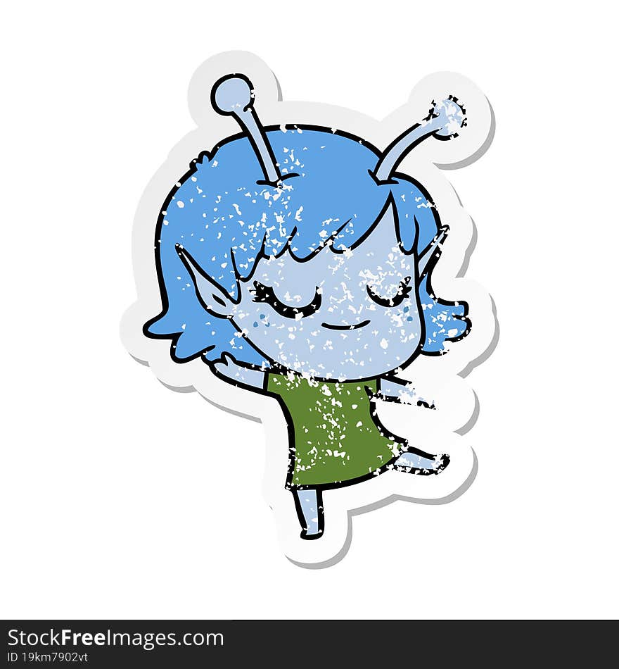 distressed sticker of a smiling alien girl cartoon