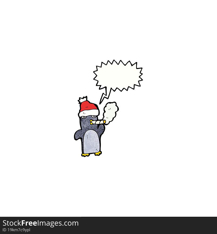 cartoon penguin in christmas hat smoking cigarette