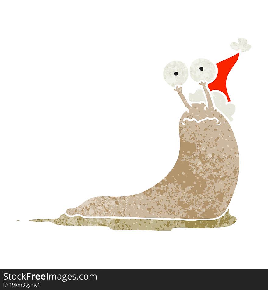 hand drawn retro cartoon of a slug wearing santa hat