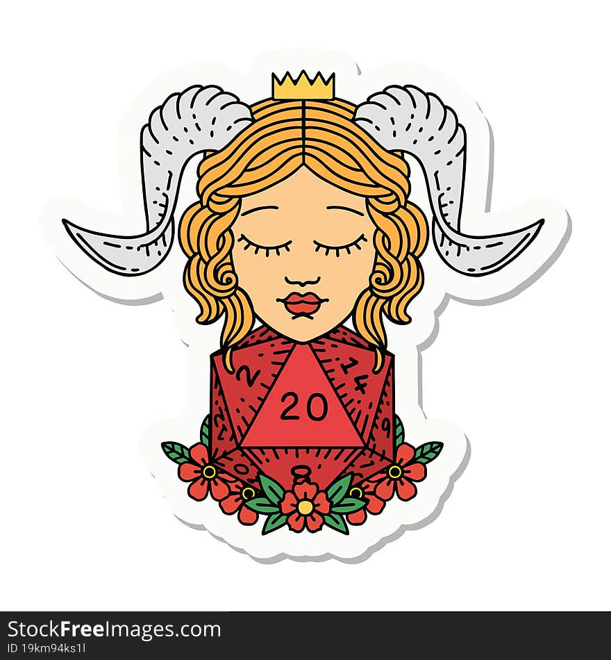 tiefling with natural twenty d20 dice roll sticker