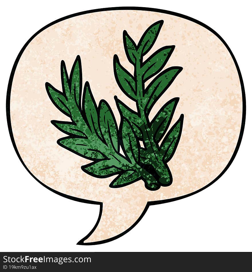 cartoon plant and speech bubble in retro texture style