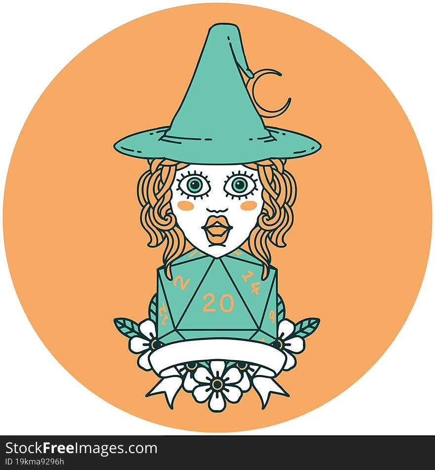 human witch with natural twenty dice roll icon