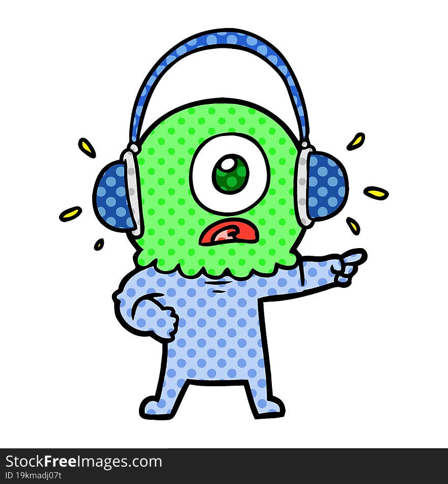 cartoon cyclops alien spaceman pointing wearing headphones. cartoon cyclops alien spaceman pointing wearing headphones