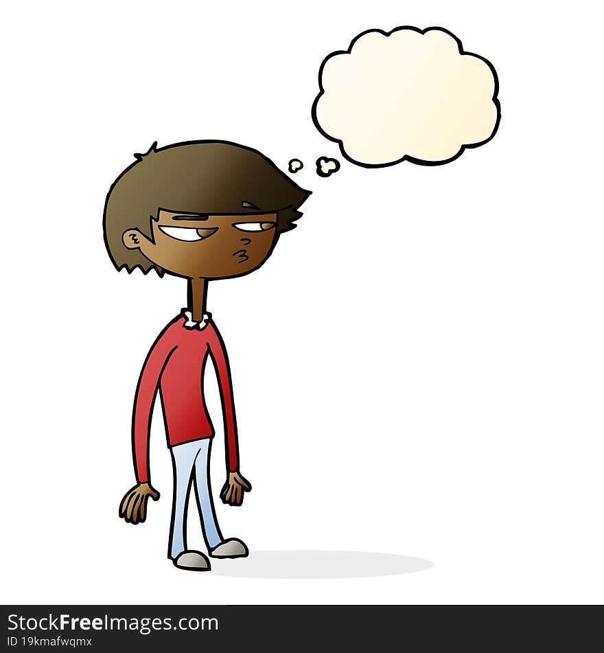 cartoon suspicious boy with thought bubble