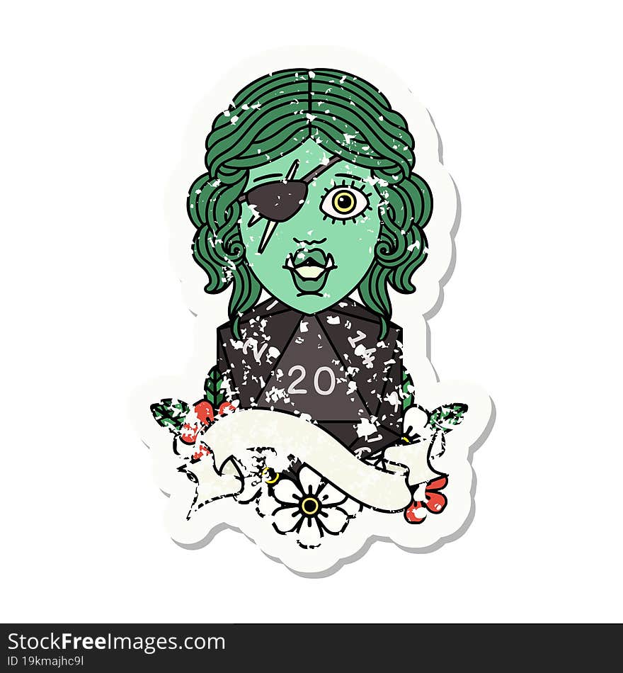 grunge sticker of a half orc rogue with natural twenty dice roll. grunge sticker of a half orc rogue with natural twenty dice roll