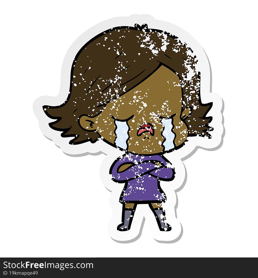 distressed sticker of a cartoon girl crying