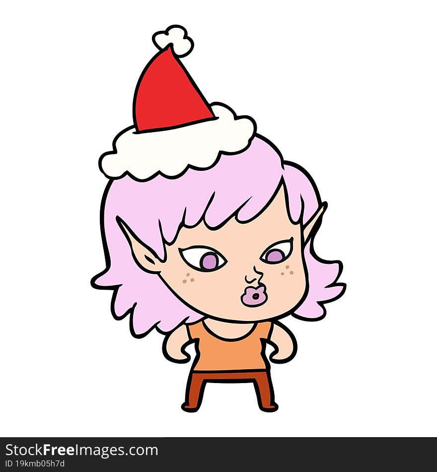 pretty hand drawn line drawing of a elf girl wearing santa hat. pretty hand drawn line drawing of a elf girl wearing santa hat