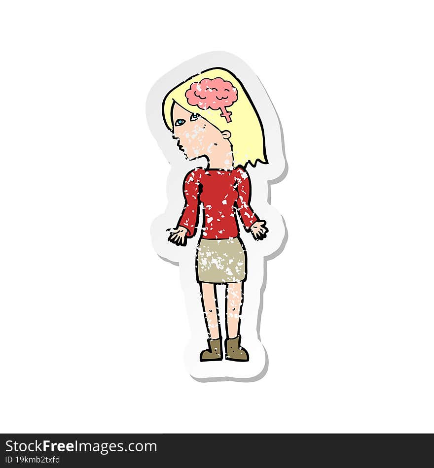 Retro Distressed Sticker Of A Cartoon Clever Woman Shrugging Shoulders