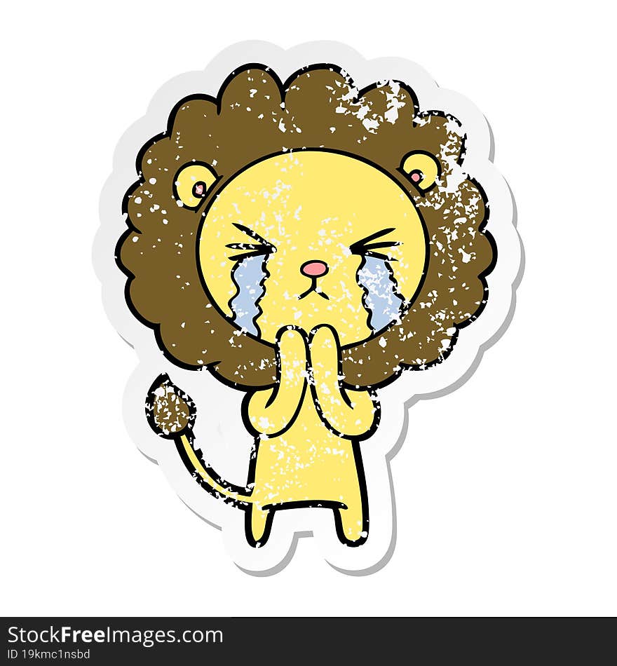 distressed sticker of a cartoon crying lion praying