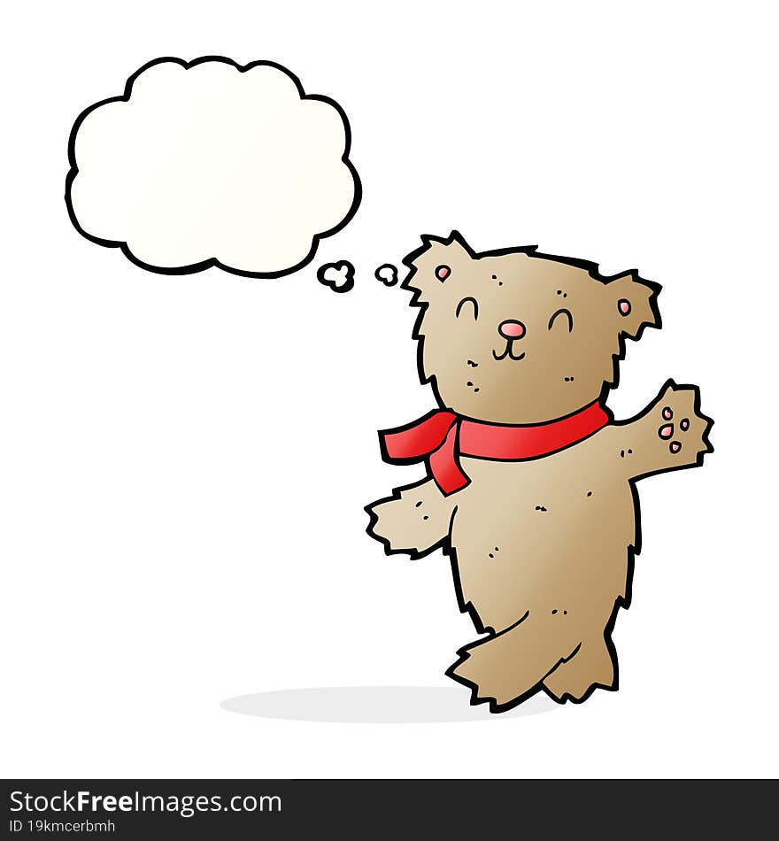 cartoon waving teddy bear with thought bubble