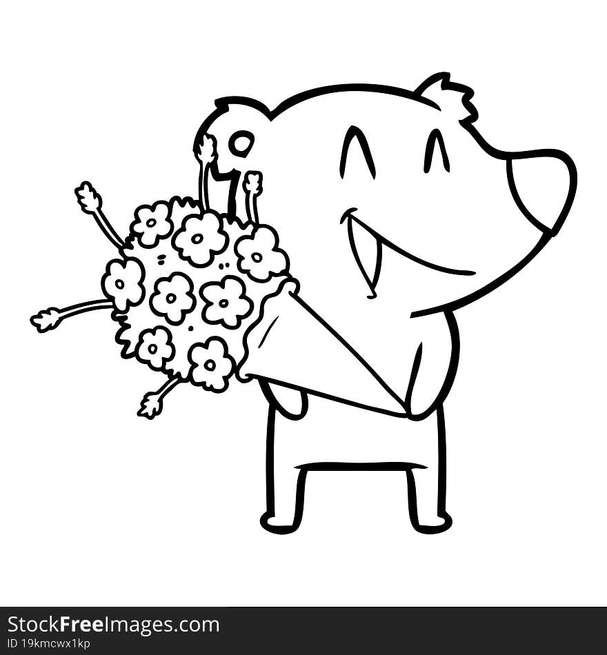 laughing bear cartoon with flowers. laughing bear cartoon with flowers