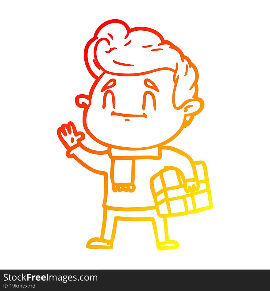 warm gradient line drawing happy cartoon man with gift