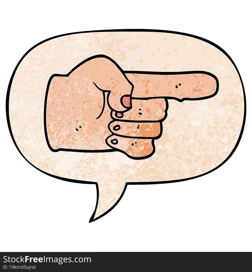 cartoon pointing hand and speech bubble in retro texture style