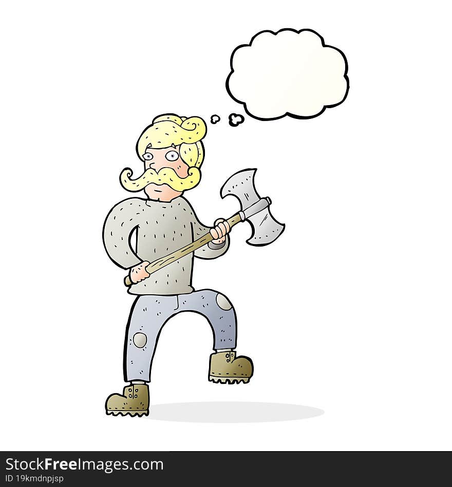 cartoon man with axe with thought bubble