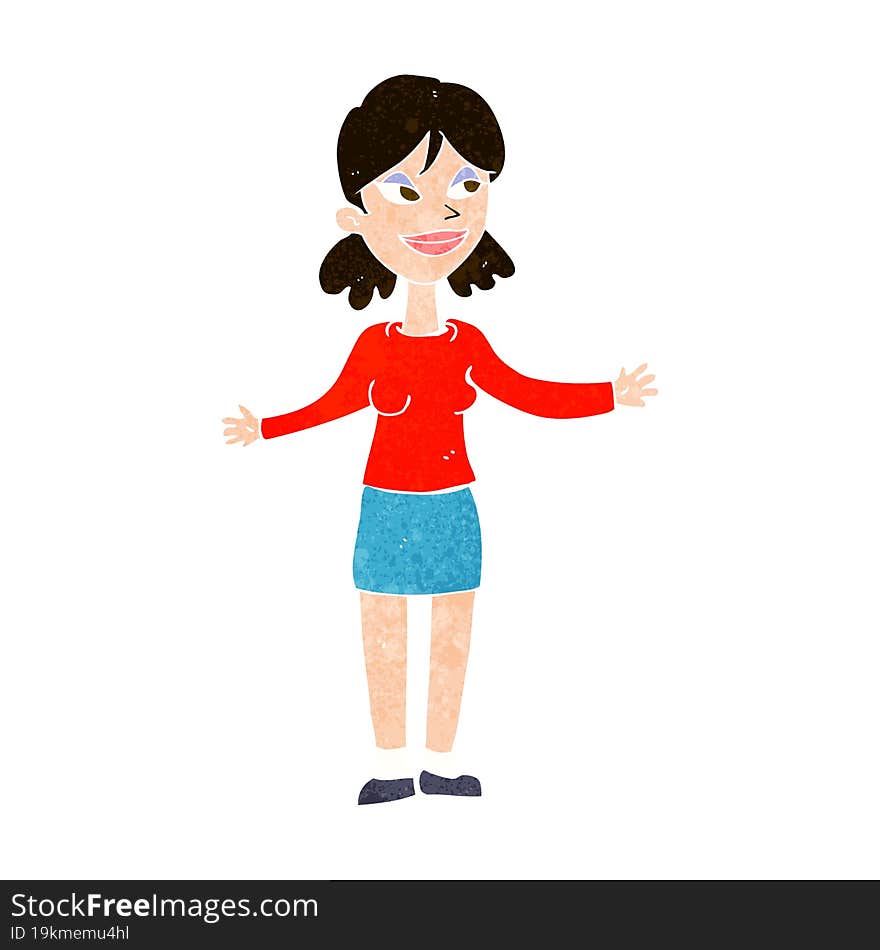 cartoon happy woman shrugging shoulders