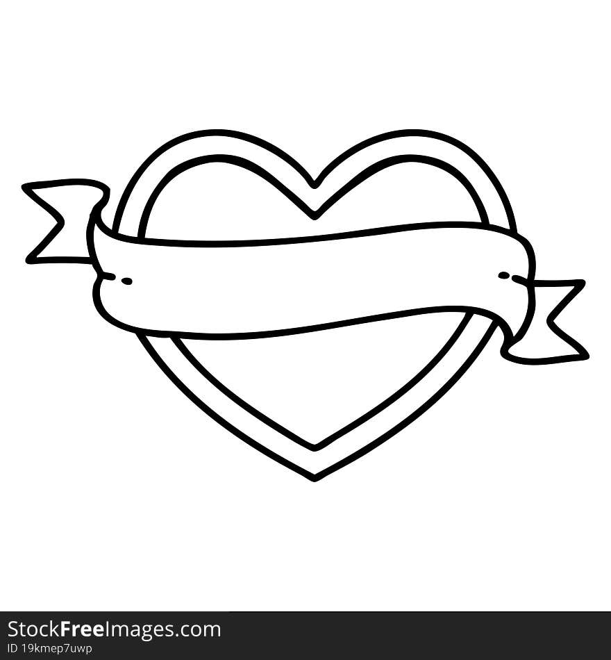 tattoo in black line style of a heart and banner. tattoo in black line style of a heart and banner