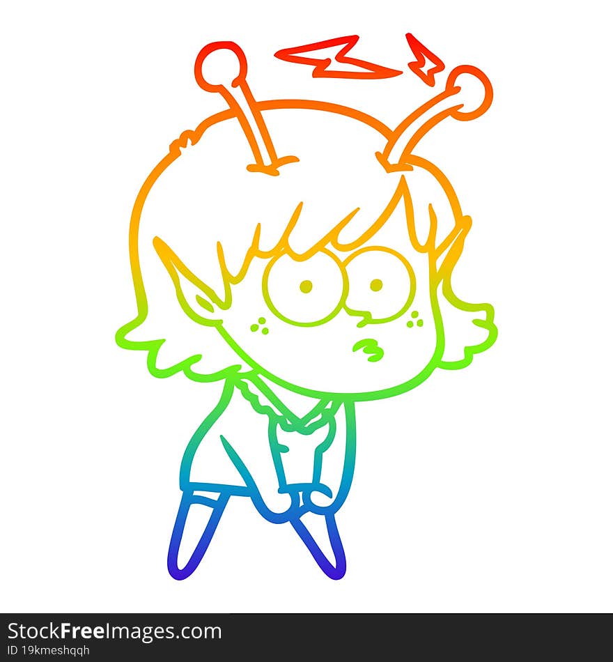 rainbow gradient line drawing of a cartoon alien girl