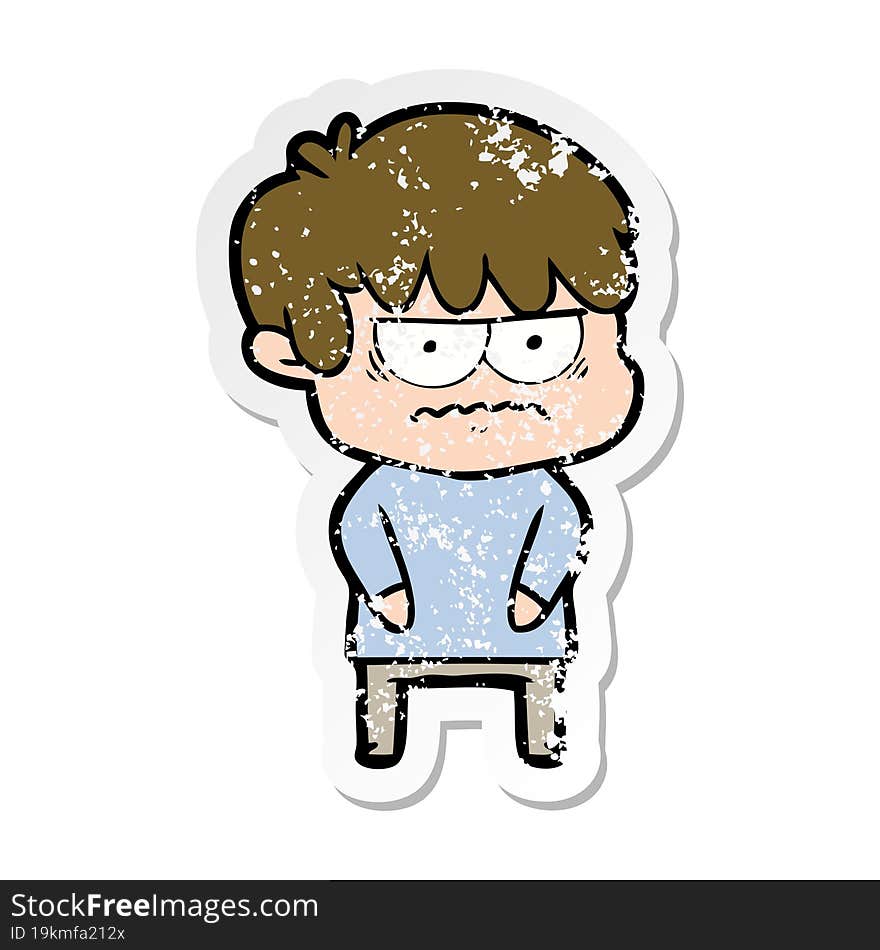 distressed sticker of a annoyed cartoon boy