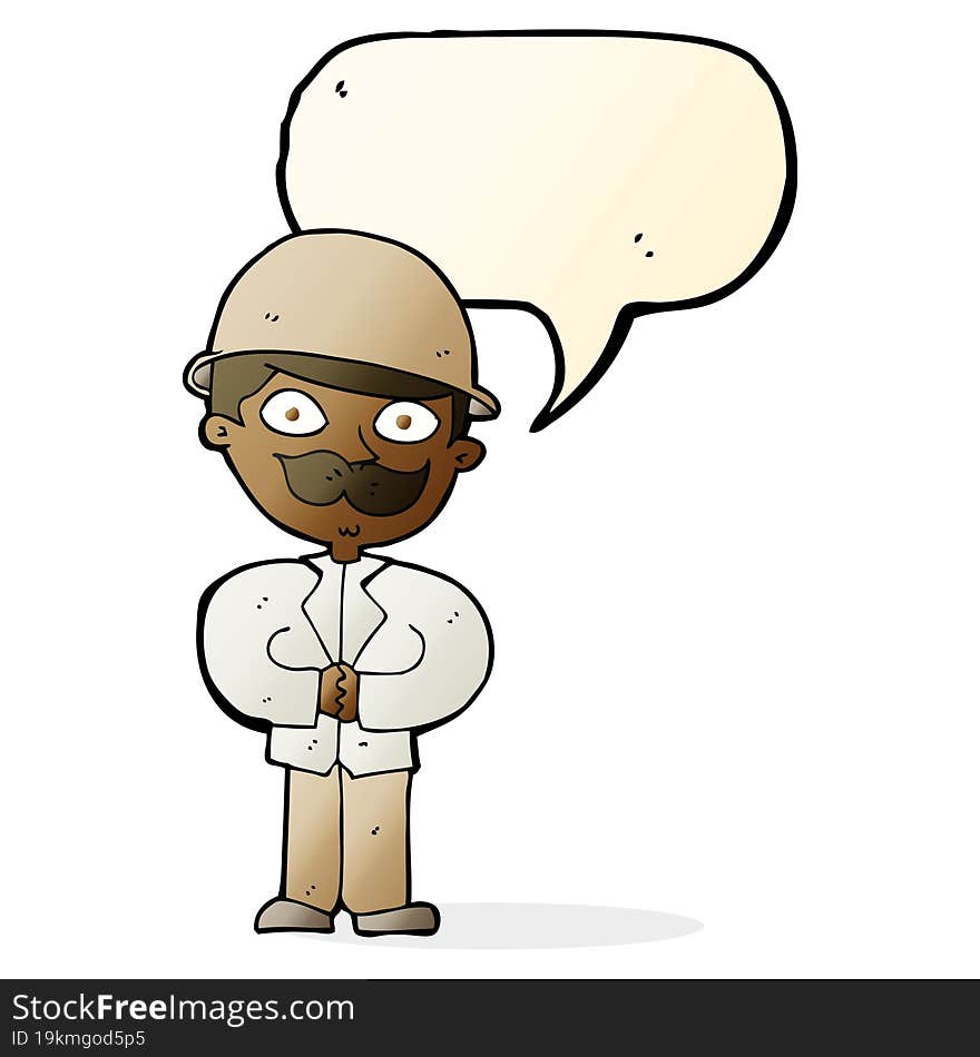 cartoon man in safari hat with speech bubble